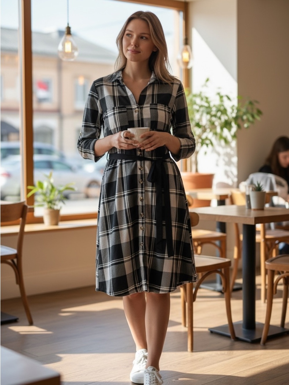 Streetwear Society plaid Button-Front Shirt Dress in Black and White